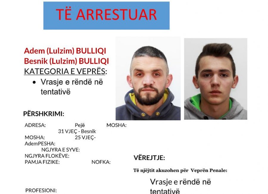Arrestohen dy persona që tentuan të kryejnë vrasje në Pejë, ishin në kërkim nga korriku