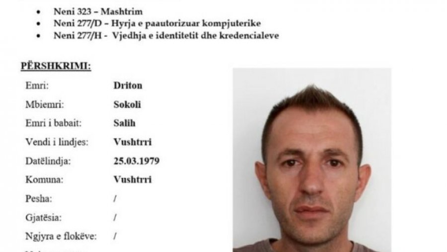 Policia kërkon ndihmën e qytetarëve për arrestimin e Driton Sokolit nga Vushtrria