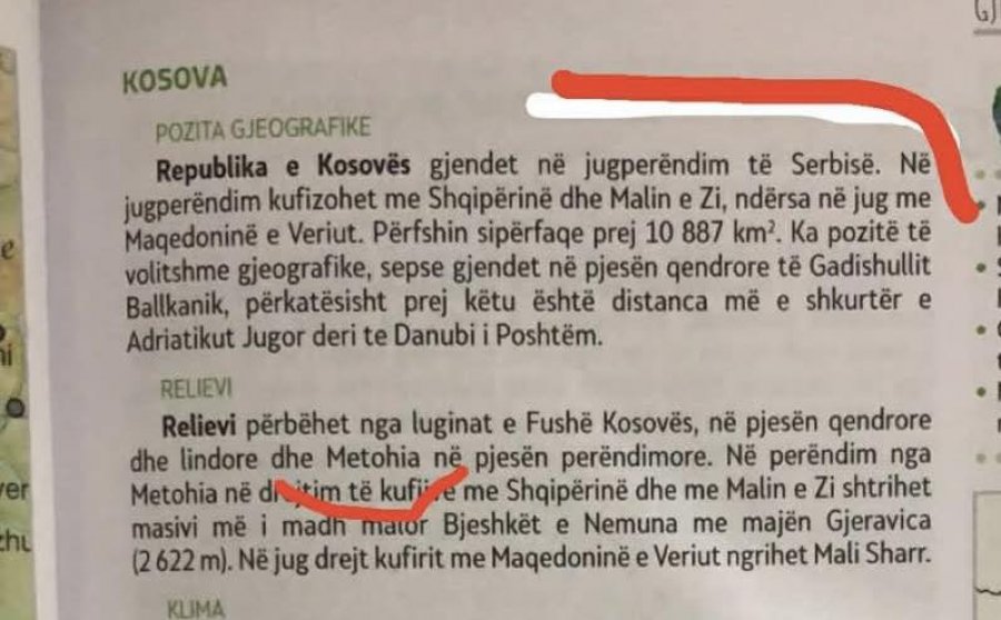 Kosova si pjesë e Serbisë dhe si “Metohi” në librin shkollor të gjeografisë në Maqedoninë e Veriut
