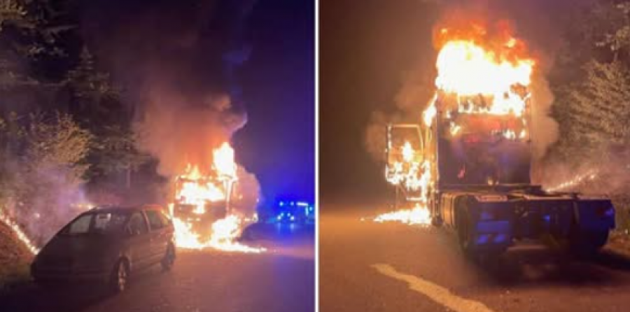 Shpërthen në flakë një kamion në autostradën e Stuttgartit, rrezikoi pyllin dhe automjetet