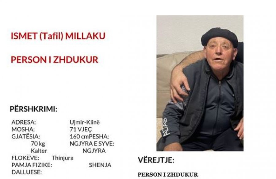 Policia kërkon ndihmë për gjetjen e Ismet Millakut, i zhdukur në Klinë