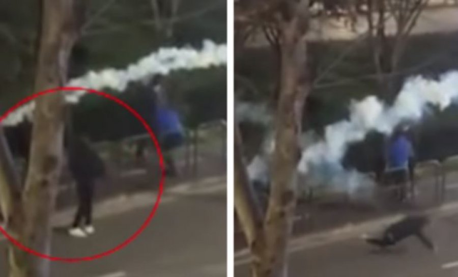 Momenti kur protestuesi në Tiranë goditet nga bombola me gazlotsjellës, bie në tokë menjëherë [video]