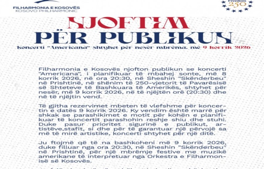 Shtyhet për nesër koncerti “Americana” i Filarmonisë së Kosovës