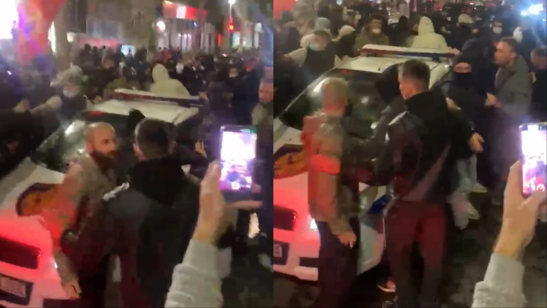 Protestuesit bllokojnë dhe shkatërrojnë makinën e policisë në Tiranë